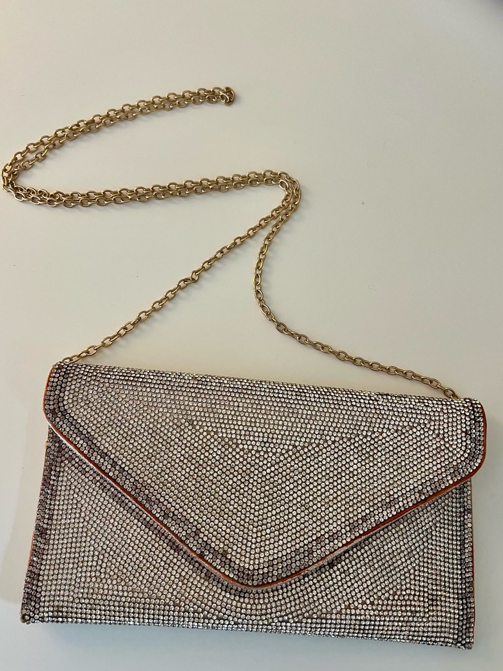 Embellished Silver Envelope Clutch with Gold Chain